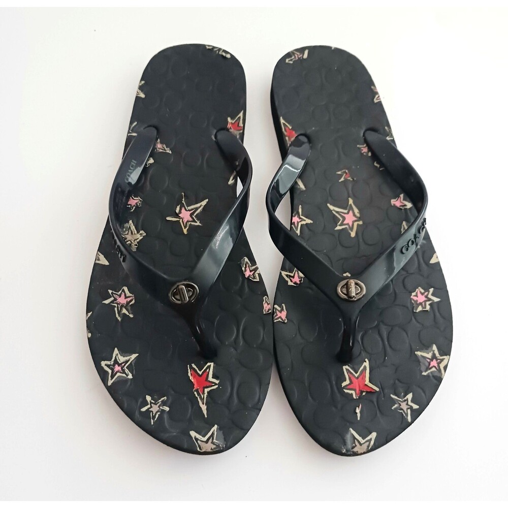 Coach Abbigail Turnlock Flip Flops Black C Logo Embossed Insole w Stars Sz 9 - Picture 8 of 9